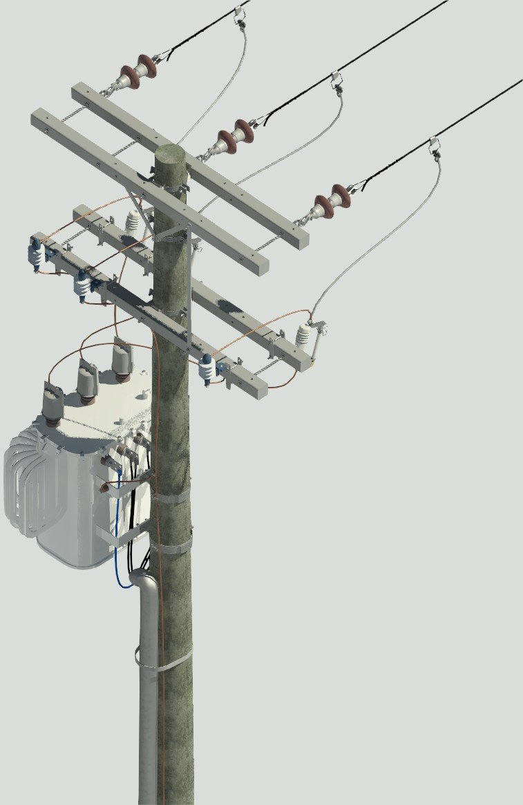 Modelo BIM de subestação aérea em poste, com transformador, cruzetas, isoladores, para-raios e chaves fusíveis